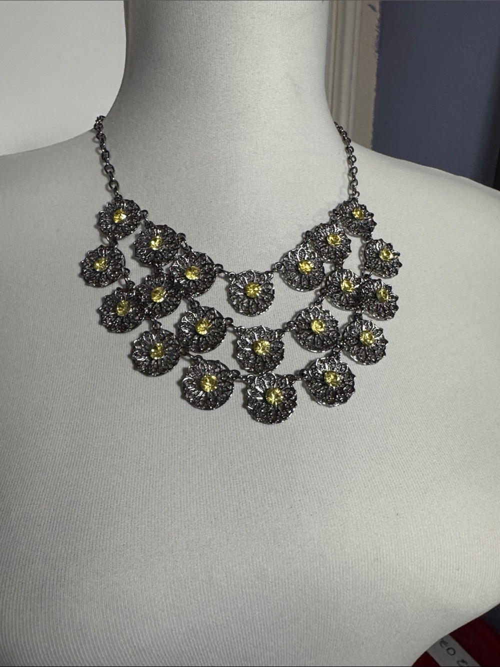 Delicate Floral Statement Necklace - Yellow Crystal Accents